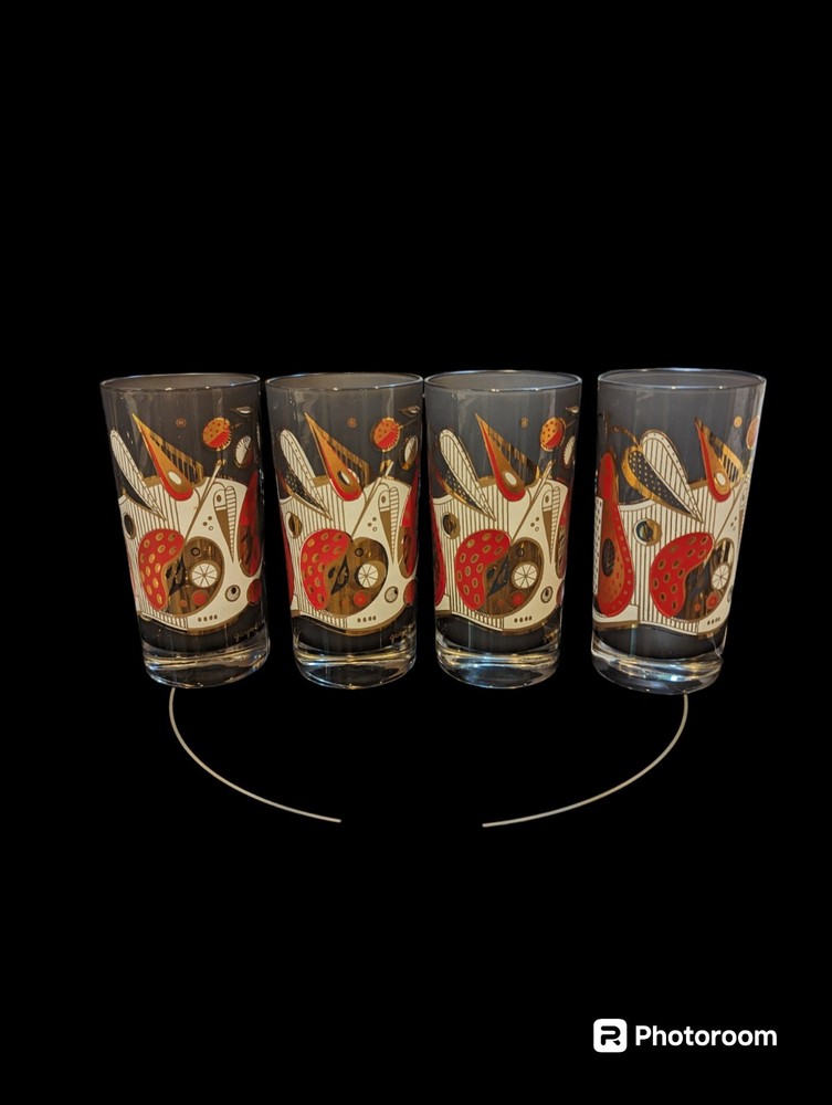 1960’s Georges Briard Apple and Pear Art Deco Smoke Collins Glasses (4)