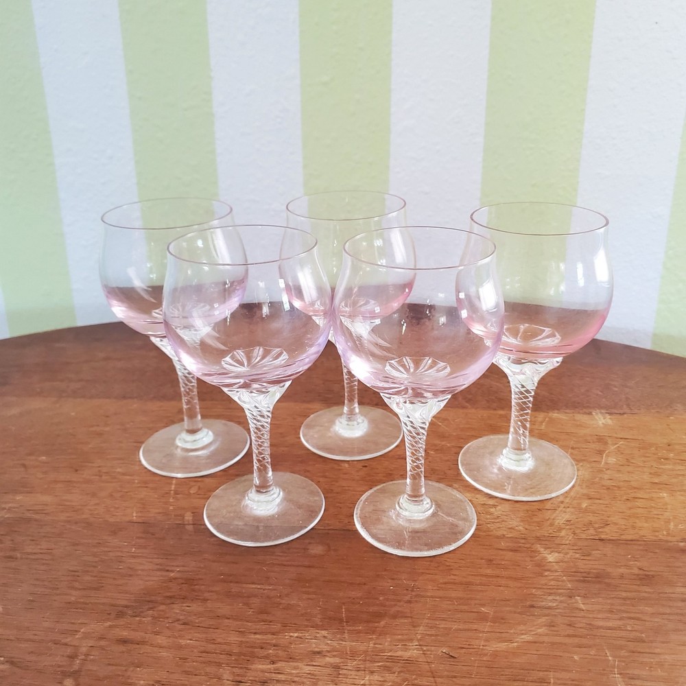 Sasaki Coronation Pink Wine Glass Twisted Stem, Set of 5 Glasses.