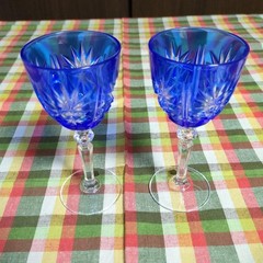 Wine Glass Kiriko Engraved on the glass #16 14.5×6.5cm/5.7×2.55″ set of 2 Blue