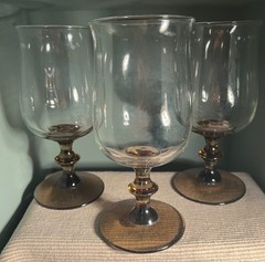 Set Of 3 Vintage Libby Amber Stemmed Glass Goblets Elegant Drinkware Smoky Base
