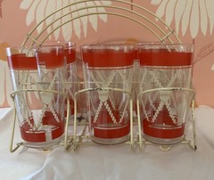 MCM Glass Highball Tumblers with Metal Carrier Caddy Red Stripes Barware