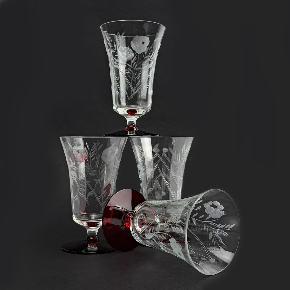 Crystal Tumbler Glasses Footed Iced Tea Water Goblet Weston Etched Set of 4 USA