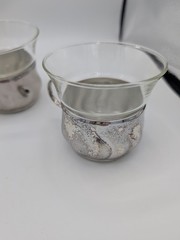 Vtg Borosilicate Glass Cup Set (3) W/ Swirled Metal Base Jenaer Glas Otto Schott