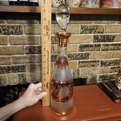 Vintage Frosted Cut Glass Traube Cranberry Red & Gold Decsnter 16″ Tall Pretty!