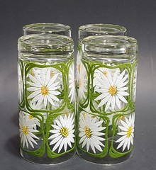 4 Vintage Libbey Glass Green Square White Daisy Yellow Drinking Glasses 1970s