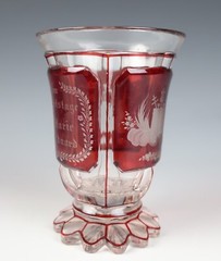 19thC. Bohemian German Engraved 3 Panel Beaker Twins Birthday Antique Ruby Glass