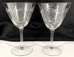 4 Vtg Etch Criss Cross Hatch Dots Leaf Gray Cut Wine Goblets 9oz 6 5/8″ Set RARE