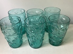 6 Vintage Teal Ripple Textured Glass Tumblers 10 oz