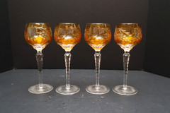 SET 4 BOHEMIAN CZECH CUT TO CLEAR CRYSTAL Hock Wine GLASSES Goblets Amber 8.5″