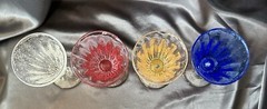 Set of 4 Hand Blown Glass Colored Goblets, Clear/Red/Blue/Yellow, Thick, EUC
