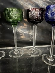 SET OF 5 MULTI-COLOR CUT TO CLEAR CRYSTAL TALL WINE GOBLETS {784}