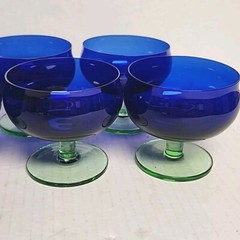 6 BLOCK CAPERS Champagne Sherbert COBALT BLUE GREEN STEM 3.75″ Tall EUC
