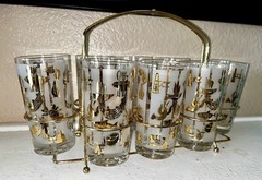 Lotus “Bon Appetite” Set Of 8 Glasses W/Carrier Fish Lobster MCM Vintage NOS