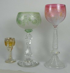 Antique Bohemian Wine Glass, Cranberry w/ Grape Detail & Prunt Stem – 7.5 inches