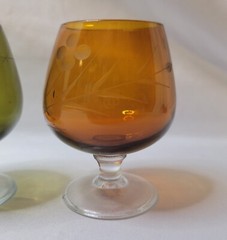 Set of 5 Cordial Shot Glasses Etched Glass Cherry Blossoms Mid Century Barware