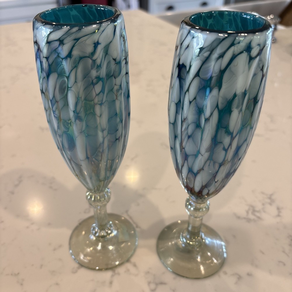 Cobalt Blue White Iridescent MexicoBlown Art Champagne Flute Wine Glass Wedding