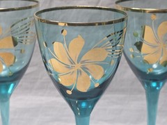 Vintage Romanian Aqua Blue (5) Wine Glasses 22K Gold Gilt Floral Design and Rim