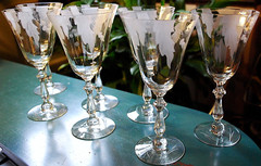 Vtg Set 7 HUNTINGTON OPTIC CRYSTAL Water Goblets FROSTED DRAPED LEAVES c1931