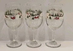 Libbey Currier Ives Wine Glasses Water Goblet Christmas Winter Scene Set of 3