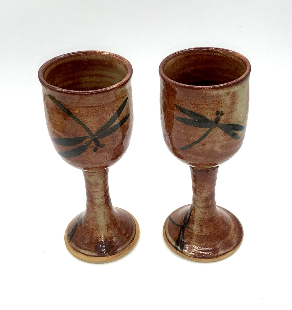 2 Handcrafted Studio Art Pottery DRAGONFLY Goblets 4 0z