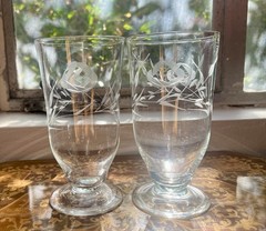 Vintage Etched Rose Footed Tumblers Pair Floral Wheel Etched Blown Glass