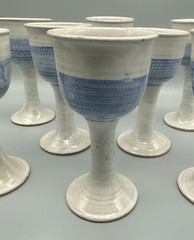 Lot of 8 Pottery Wine Glasses Goblets Blue Gray Handmade GREAT FOR EASTER DINNER