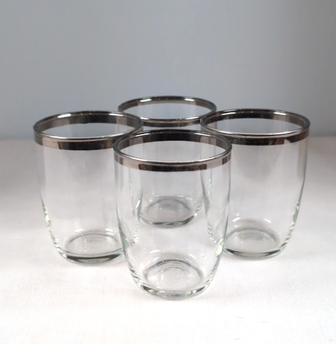 Vintage Silver Rimmed Clear Glass Tumblers Rocks Glasses Set of 4 MCM Barware