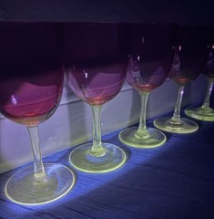 Antique Victorian Cranberry & Clear 5” Wine Glasses – Slight Glow – Set of 5