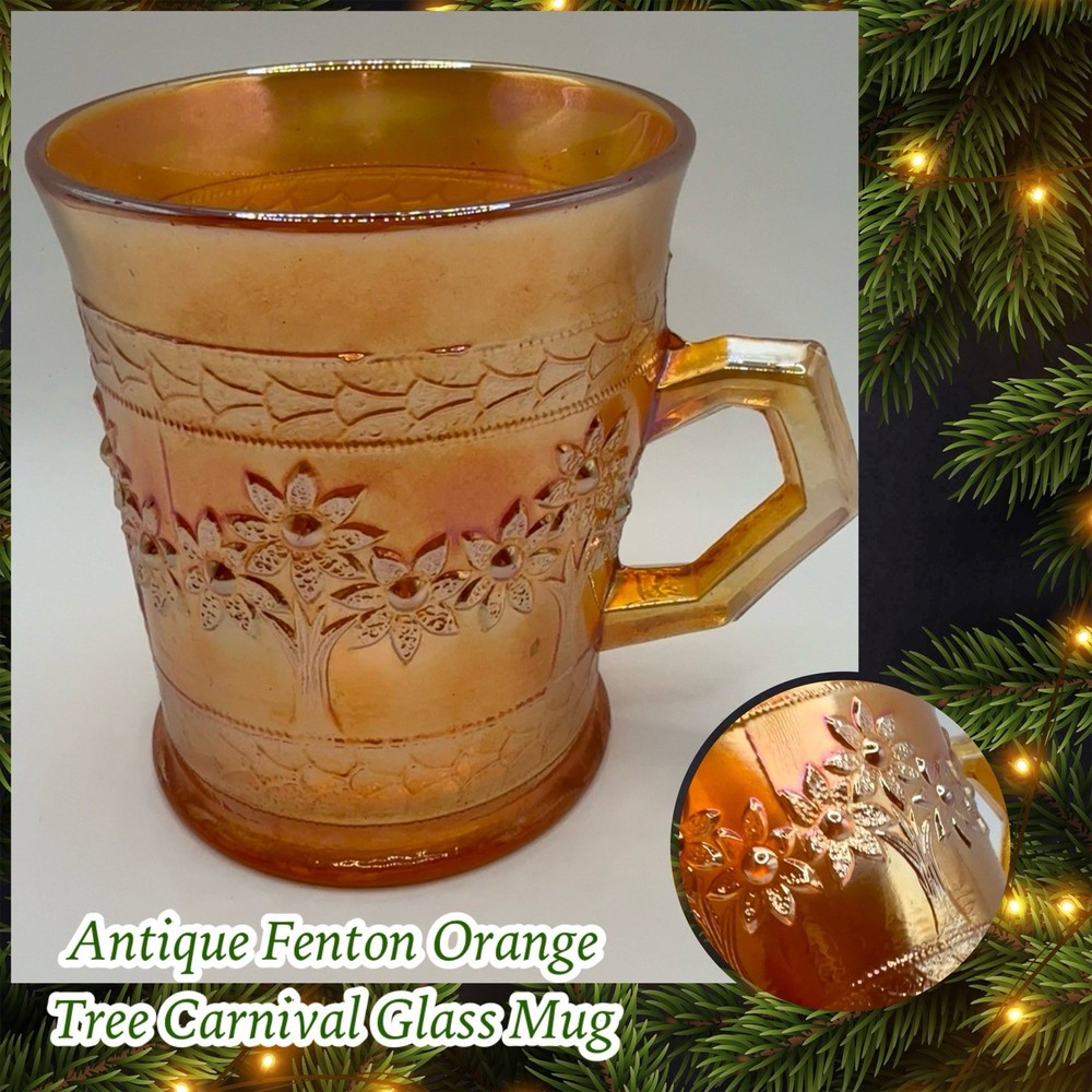 Antique FENTON Marigold Carnival Glass ORANGE TREE Mug 3.5″ Tall 8oz