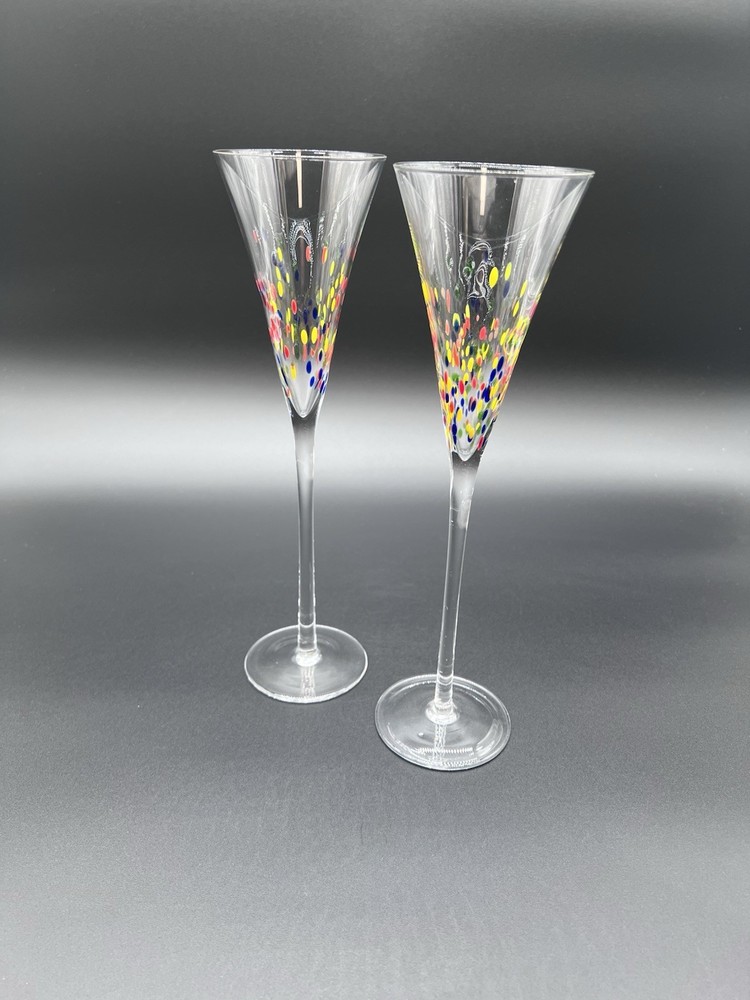 Art Glass Set Of 2 Confetti Champagne Flute Glasses, 11″ Murano Style Glass
