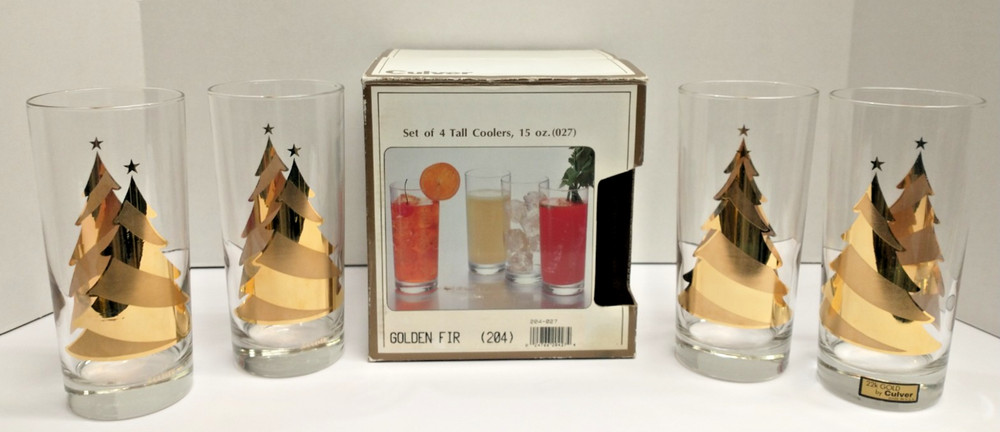 VTG CULVER Set Of 4 Coolers Glasses 15oz – 22K Gold «Golden Fir» in Original Box