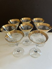 Cellini Martini Glasses Italy 1970’s Etched Crystal 24k Gold Rim Set of 8