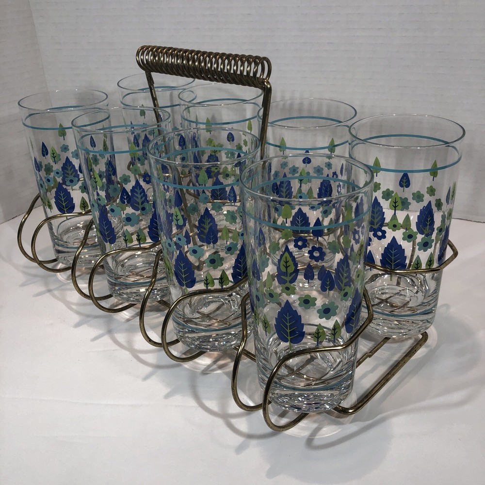 8 Marcrest Swiss Alpine Chalet 12 Oz Tumblers W/Brass MCM Rack Vtg Blue Green