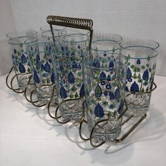 8 Marcrest Swiss Alpine Chalet 12 Oz Tumblers W/Brass MCM Rack Vtg Blue Green
