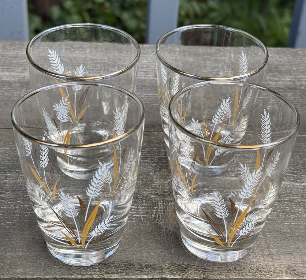 Vintage Libbey Gold Wheat Leaf Spray Glasses – Set of 4 MCM Gold-Rim Tumblers