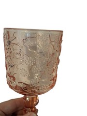VTG Pink Pressed Glass Goblets Set 3 Butterfly Bunny Floral Cottagecore