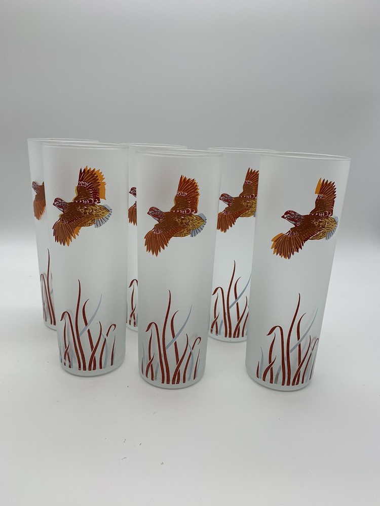 VINTAGE FROSTED TOM COLLINS COCKTAIL GLASSES with FLYING PHEASANT, Set Of 6