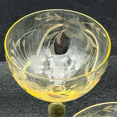 5 Champagne Sherbet Glasses 5.75” Optic Topaz Yellow Crystal Etched Flowers
