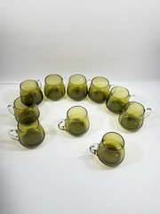 Set 10 Kumela Riihimaki Finland Olive Green Art Glass Mugs Sirkku Kumela MCM