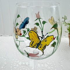 Lenox Set of 6 Butterfly Meadow Collection Clear Glass Wine Goblets Handpainted