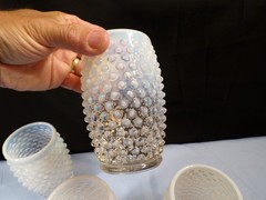 Set of 4 Fenton French Opalescent Glass Hobnail Barrel Tumblers 4 3/4″ Tall INV2