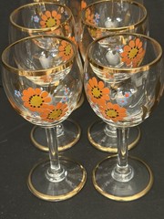 Vintage Hand-Painted Floral Cordial Glasses MCM Gold Accents