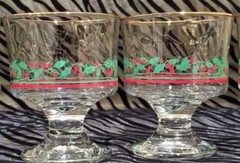 2 Swirloptic Red Berry & Green Holly, Champagne/Sherbet Glass w/Gold Rim