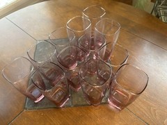 Rare Pink Depression Glass Tumblers Drink Ware Square Weighted Base Set of 12