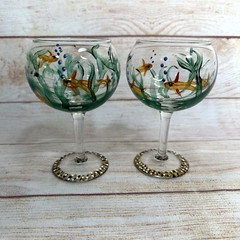 Set of 2 Hand-Painted Gold Fish Bowl Tropical Green Grass Stemmed Wine Glasses