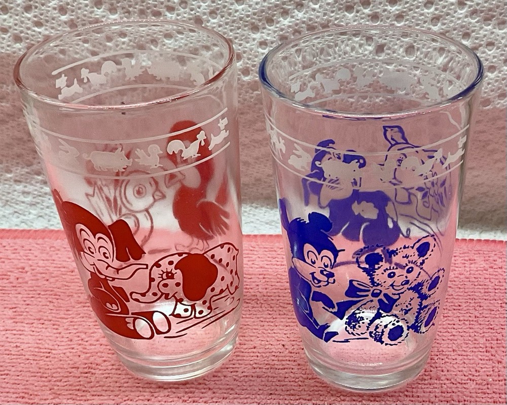 2 Kraft Cheese Swanky Swig Glass Juice Tumbler, Elephant And Bear 1950