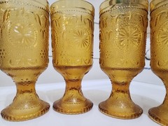 Vintage Amber Glass Goblets Set 4 Daisy Floral Pressed Drinking Glasses Pedestal