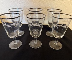 Mid Century Set of 6 Cristal D Arques Etched Laurel Leaf Goblets Platinum Rim