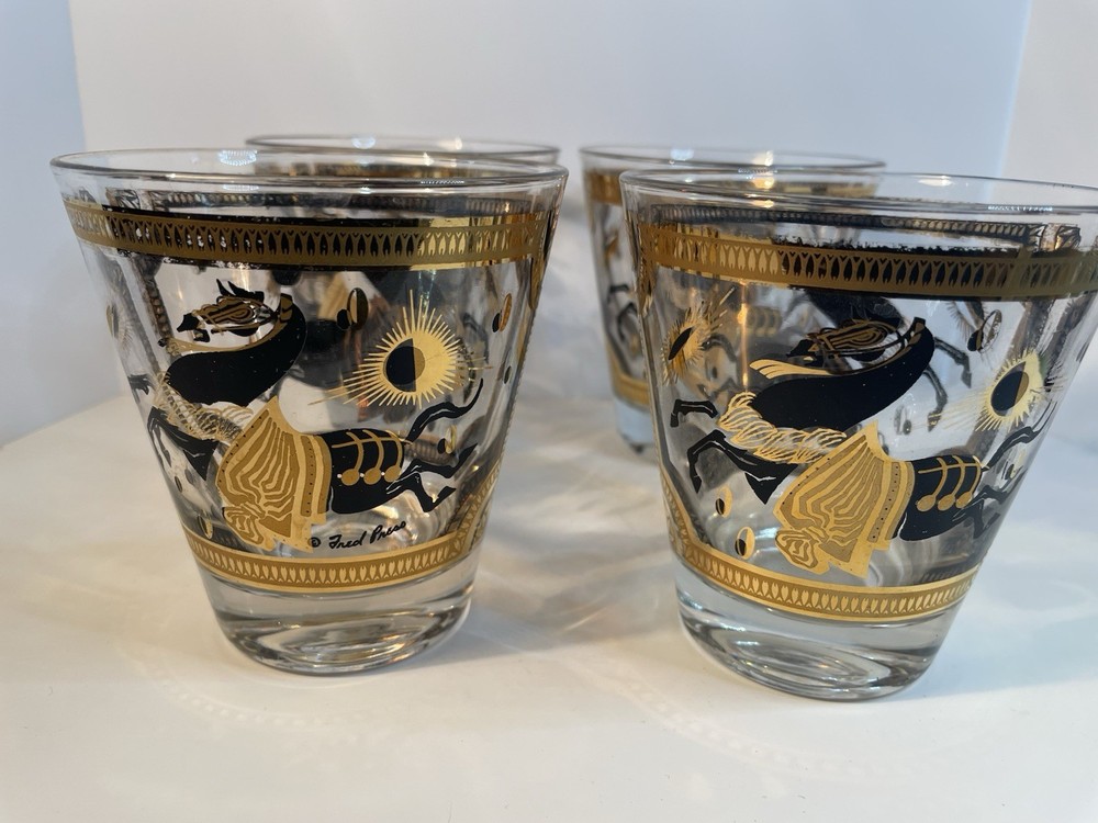Fred Press Glasses Lowball Cocktail Black Gold Trojan Horse Set Of 4 Vintage