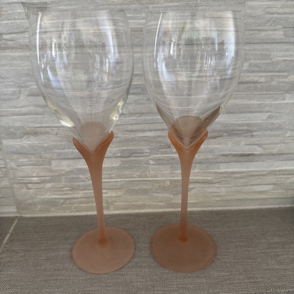 Vintage Frosted Pink Stemmed Wine Glasses Set Of 2 With Floral Accents 9.5”
